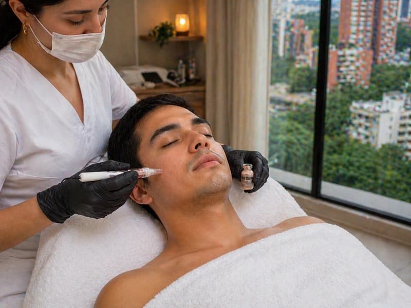 Esteticista con tapabocas y guantes aplicando un tratamiento con un aplicador en el rostro de un hombre, junto a un ventanal con vista a la ciudad