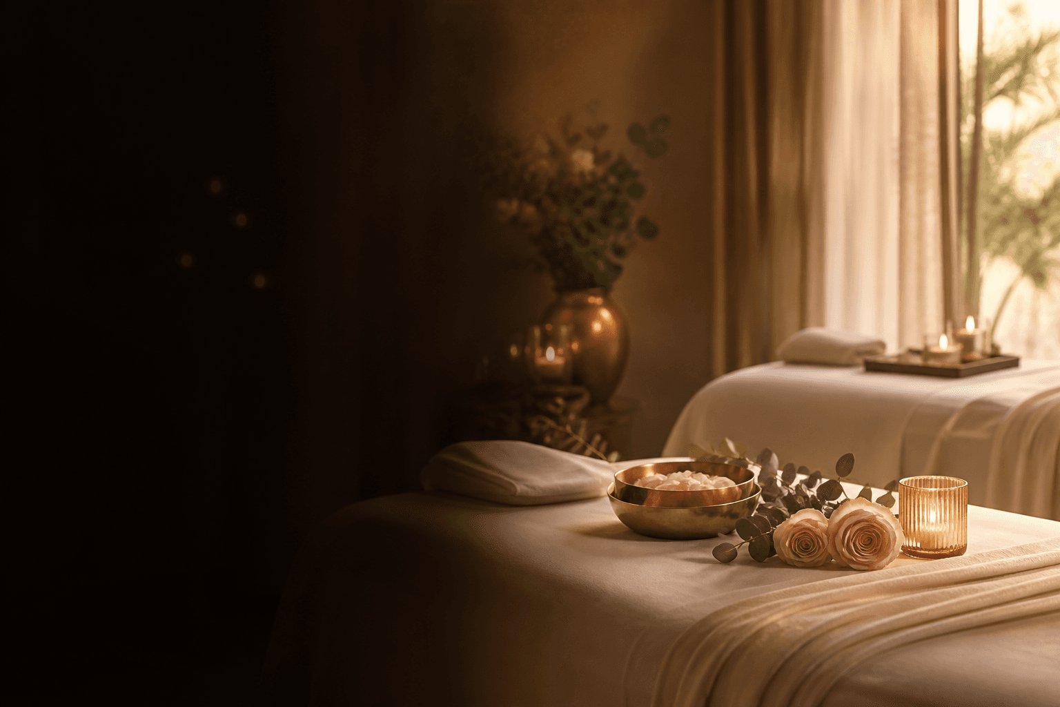 Ambiente de spa en pareja con rosas, velas y lino cálido