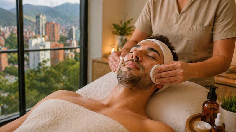 Terapeuta haciendo una limpieza facial a un hombre recostado en una camilla, junto a un ventanal con vista a la ciudad