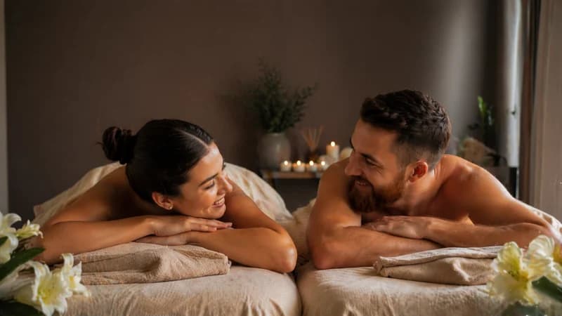 Pareja sonriente recostada boca abajo en dos camillas juntas, con flores blancas a los lados