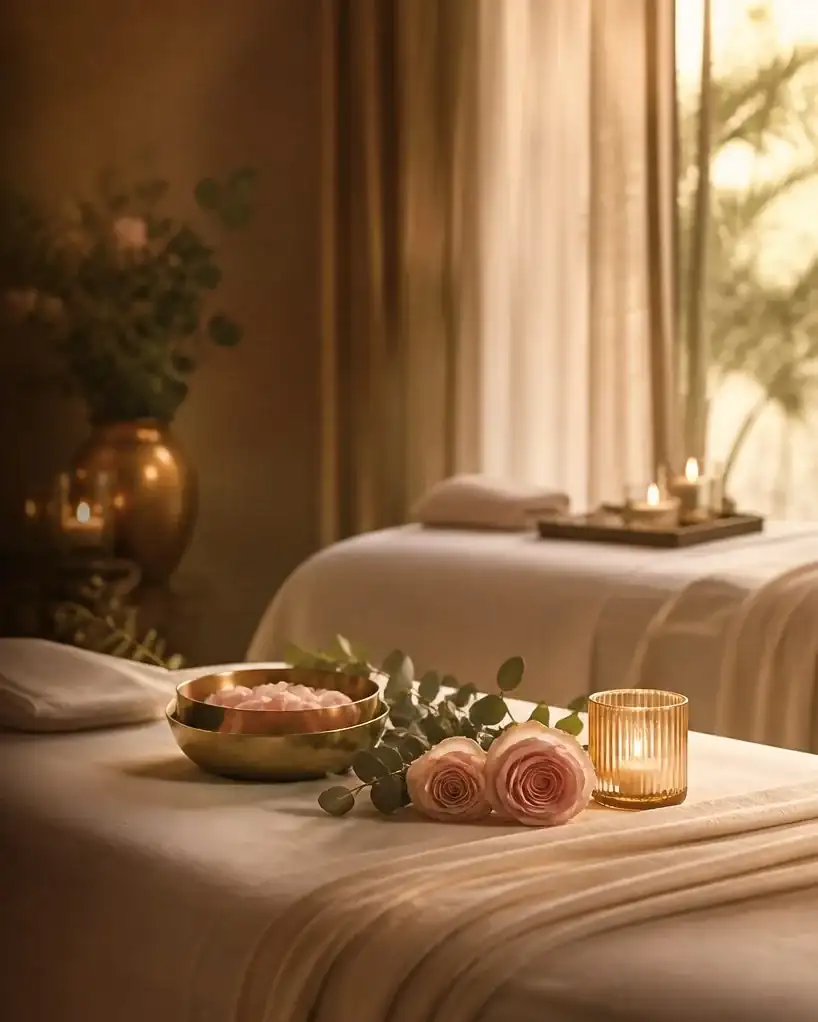 Dos camillas preparadas con velas, rosas y un cuenco de pétalos para un masaje en pareja a domicilio