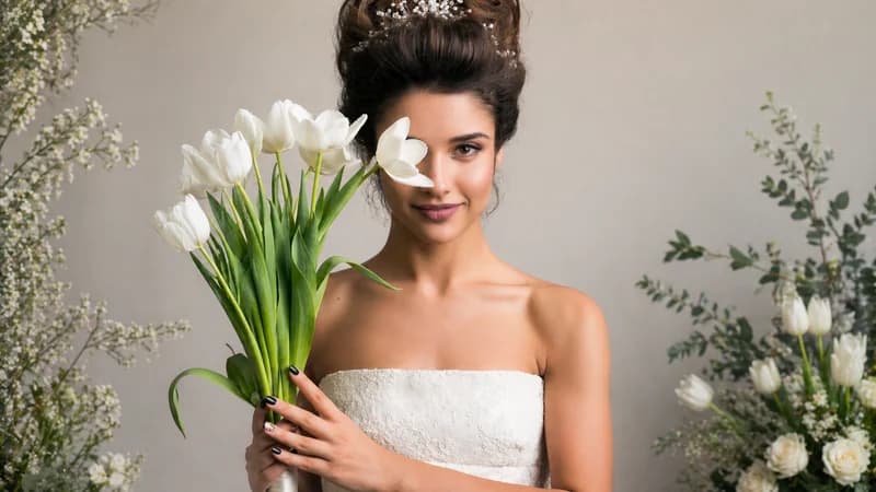 Novia con vestido strapless sosteniendo un ramo de tulipanes blancos, entre arreglos de flores blancas