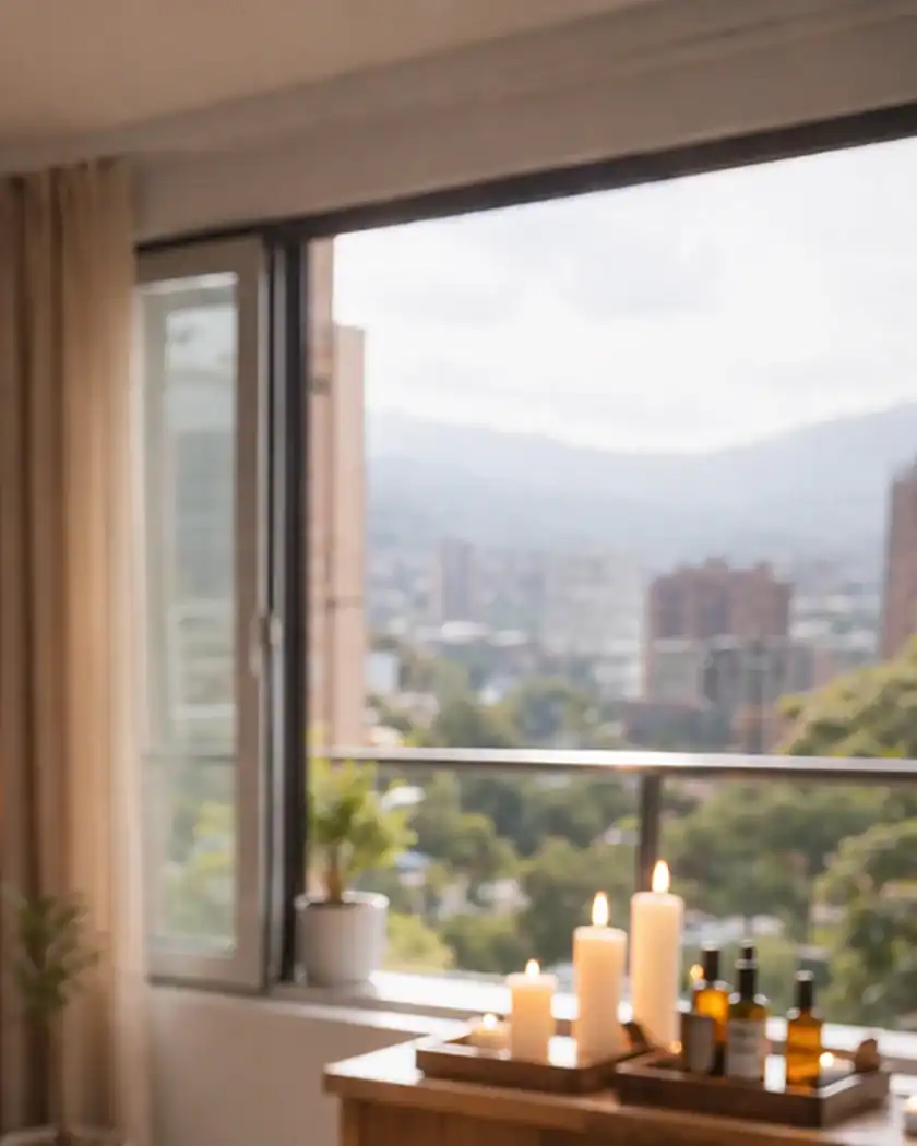 Ventanal con vista a los edificios y montañas del Valle de Aburrá, con cortinas, plantas y una bandeja de velas encendidas, en un apartamento de Sabaneta